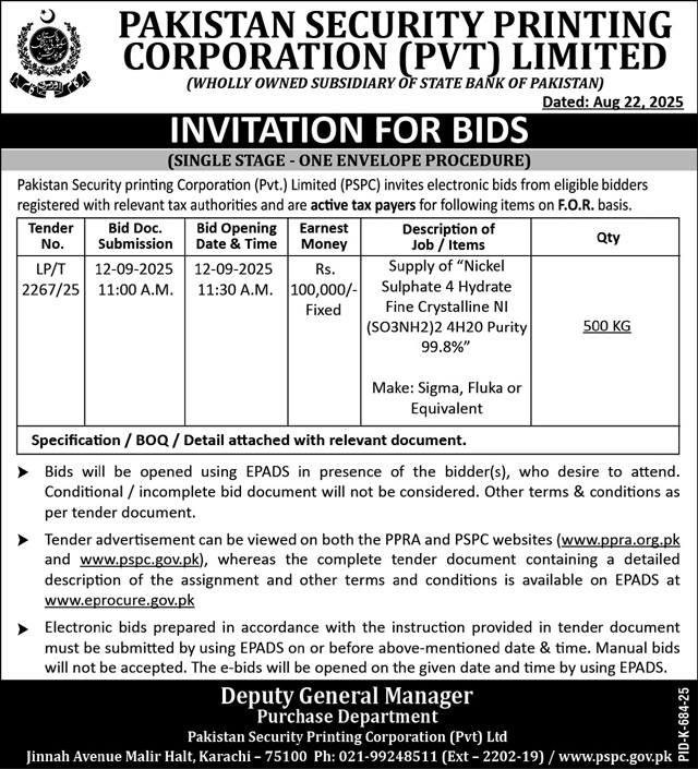 Pakistan Security Printing Corporation Karachi Tender Notice